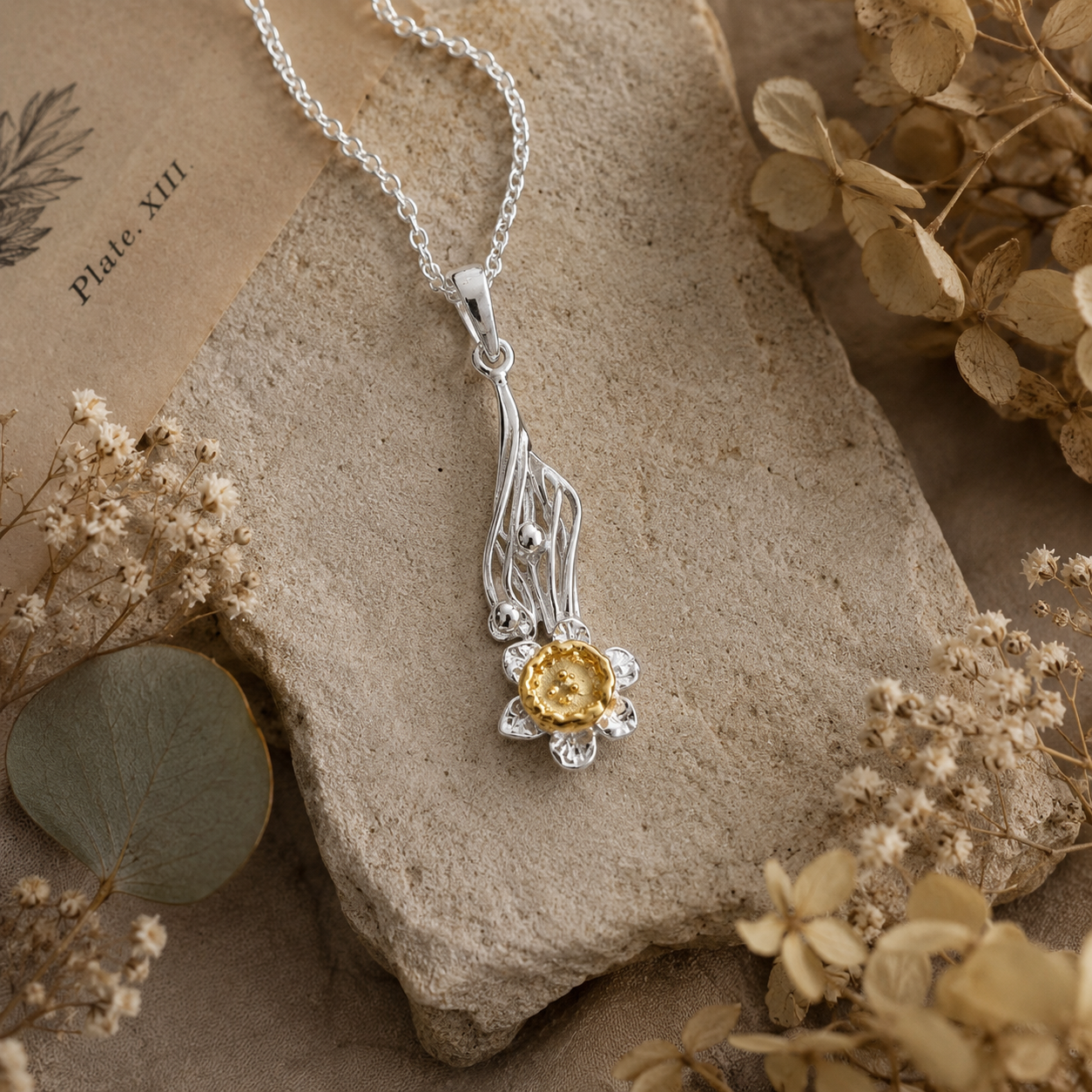 Sterling Silver Daffodil Flower Pendant Necklace with 18ct Gold - Twelve Silver Trees