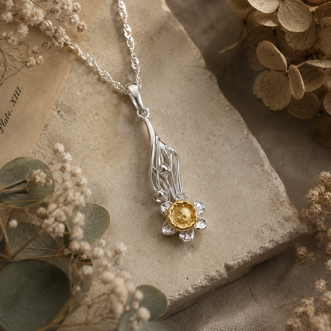 Sterling Silver Daffodil Flower Pendant Necklace with 18ct Gold - Twelve Silver Trees