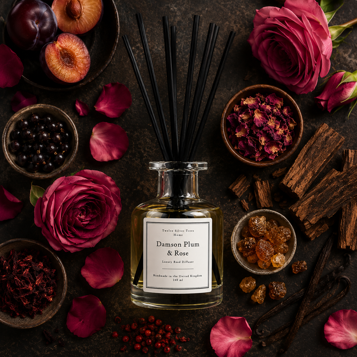 Handmade Damson, Plum & Rose Luxury Reed Diffuser - Twelve Silver Trees