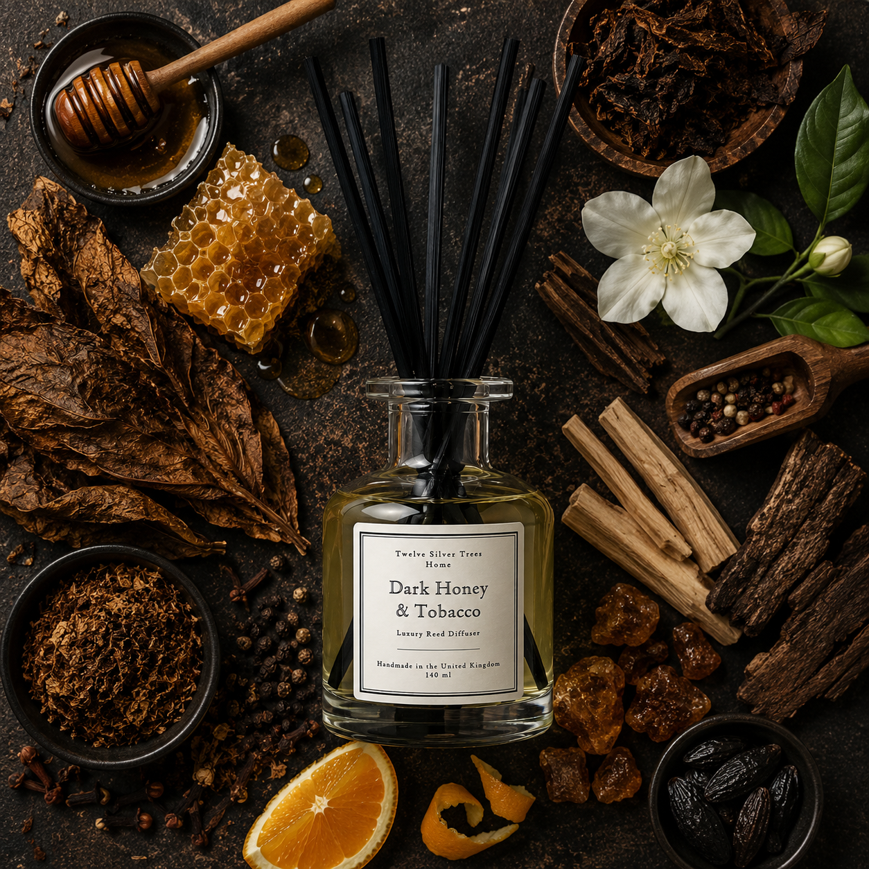 Handmade Dark Honey & Tobacco Luxury Reed Diffuser - Twelve Silver Trees