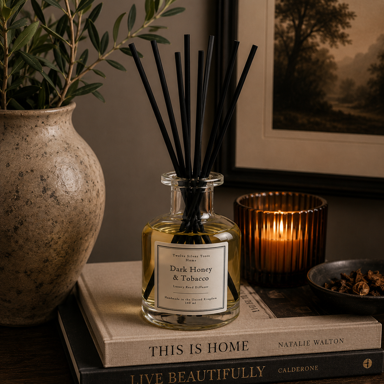 Handmade Dark Honey & Tobacco Luxury Reed Diffuser - Twelve Silver Trees