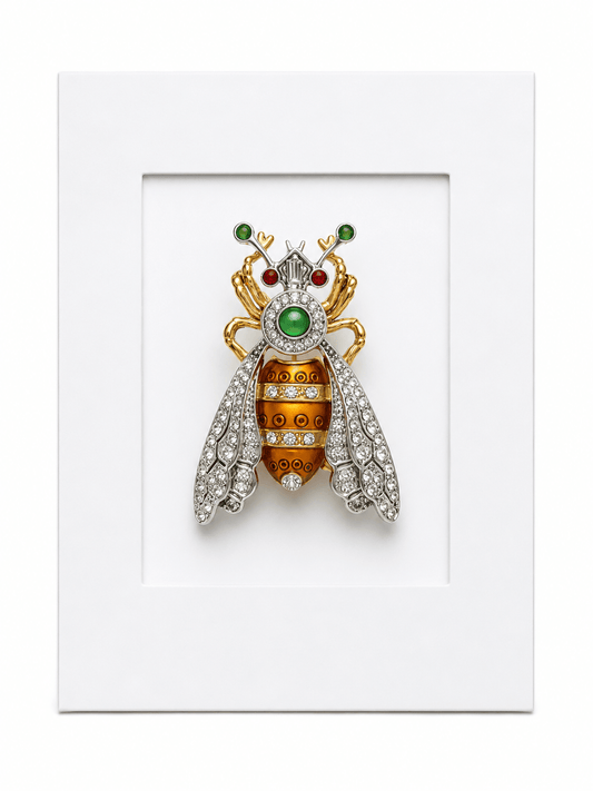 Keepsake brooch card featuring a decorative bee brooch with amber enamel, crystals and green gemstone accents on a white display card