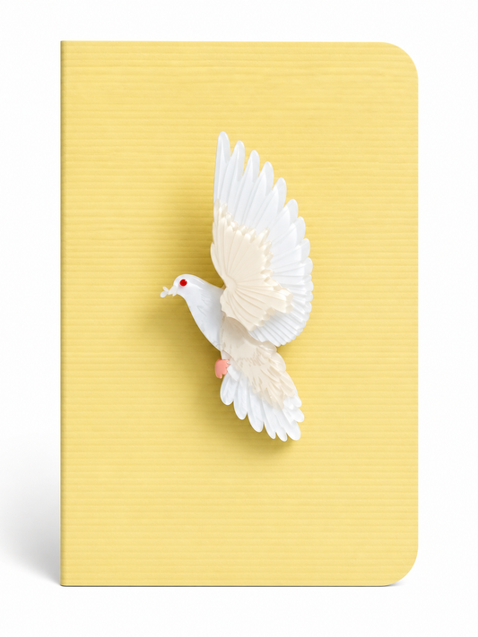 Elegant dove keepsake card featuring a white flying dove brooch mounted on a textured greeting card, symbolising peace and hope.