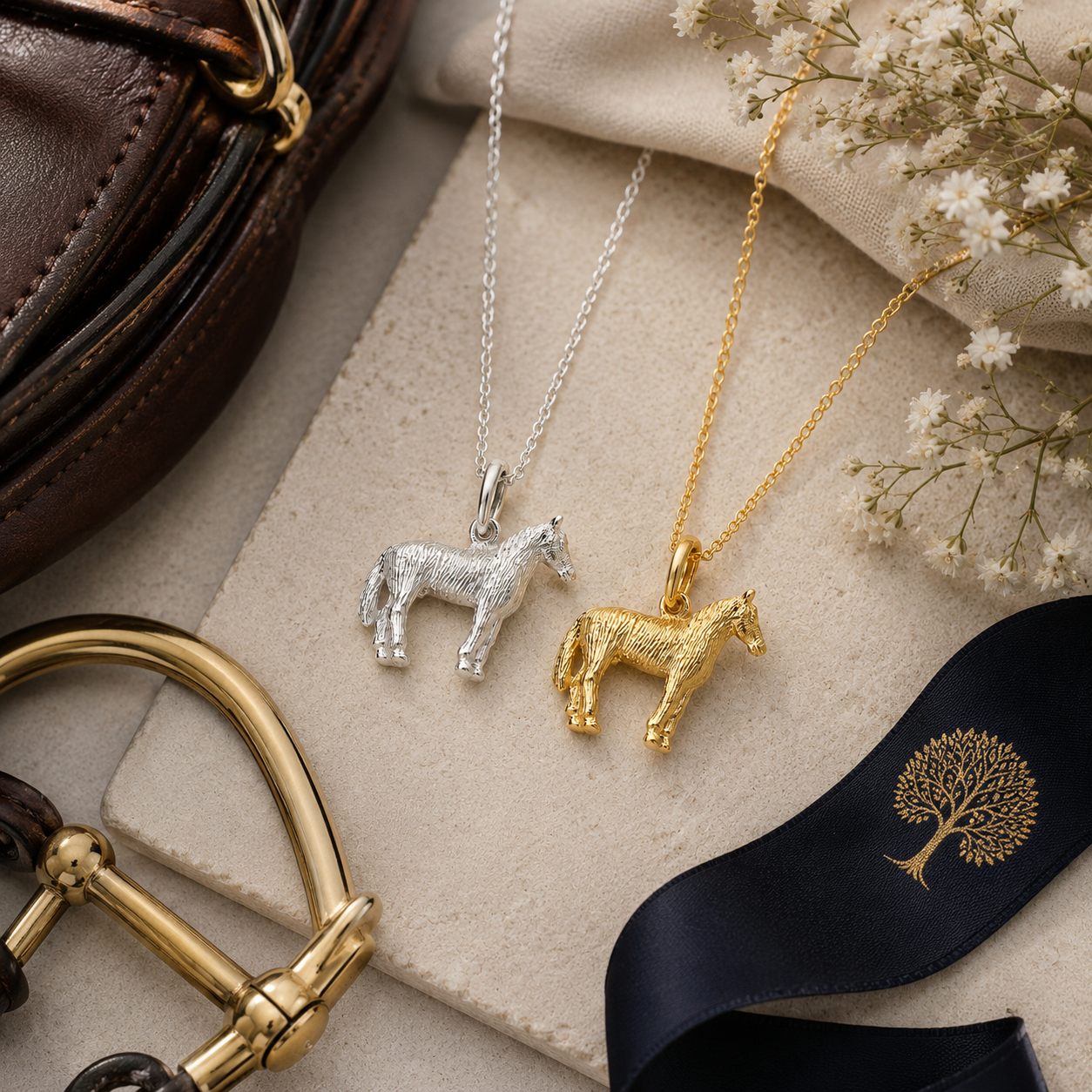 Editorial equestrian styling featuring sterling silver and gold vermeil horse pendant necklaces with luxury riding-inspired details