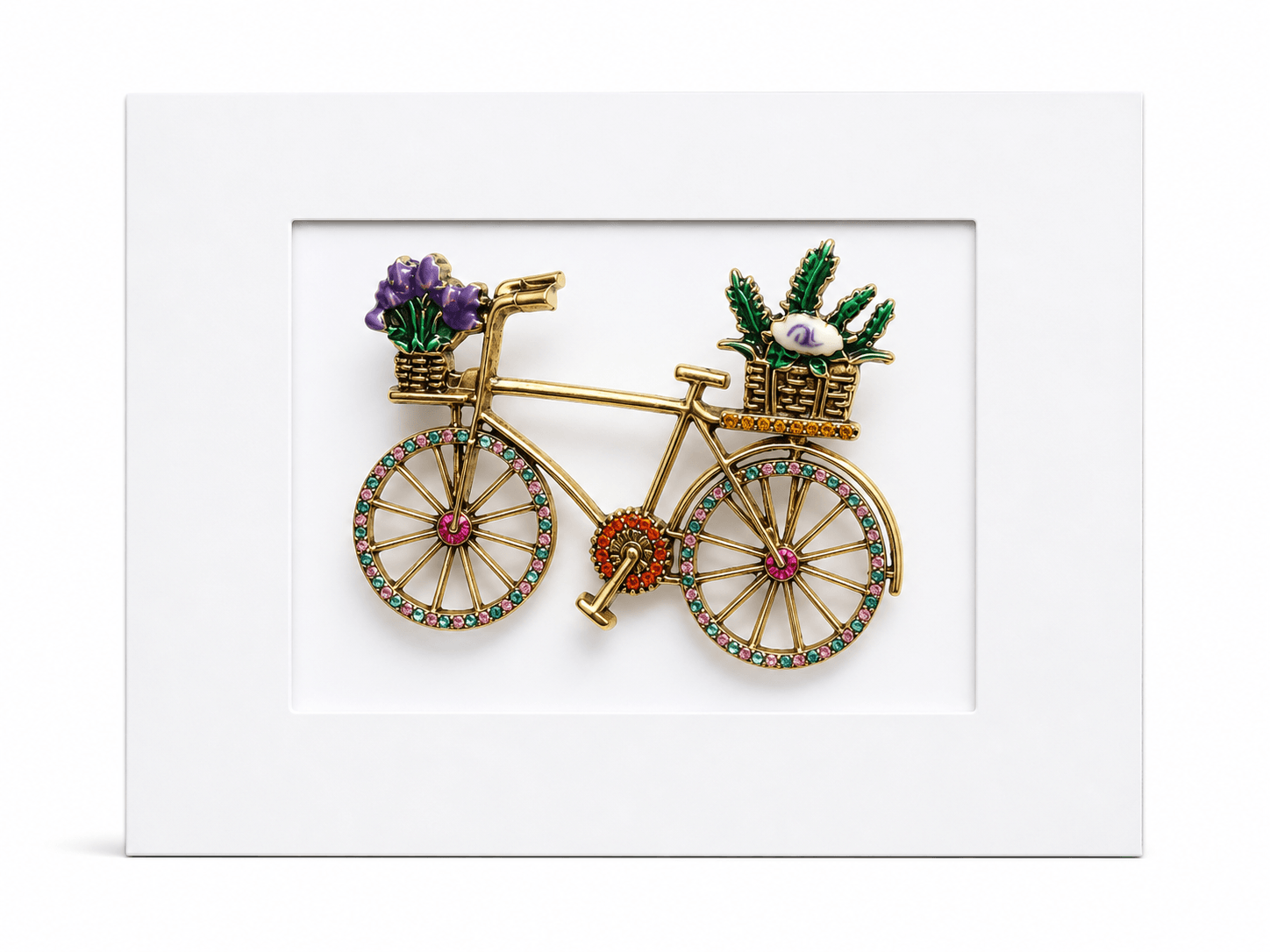 Keepsake brooch card featuring a decorative bicycle brooch with flower baskets and crystal wheels on a white display card