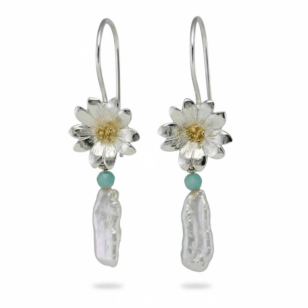 Sterling Silver Daisy & Baroque Pearl Dangle Earrings - Twelve Silver Trees