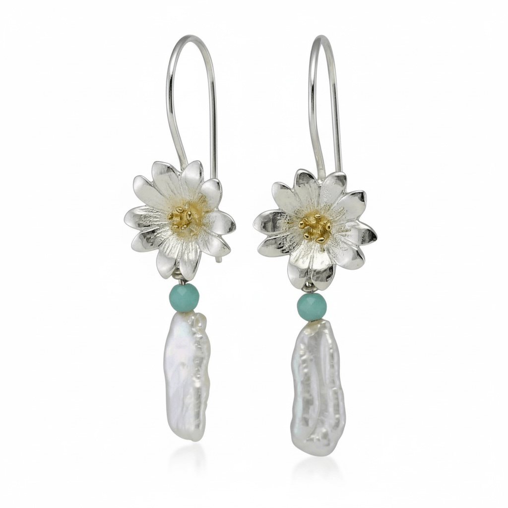 Sterling Silver Daisy & Baroque Pearl Dangle Earrings - Twelve Silver Trees