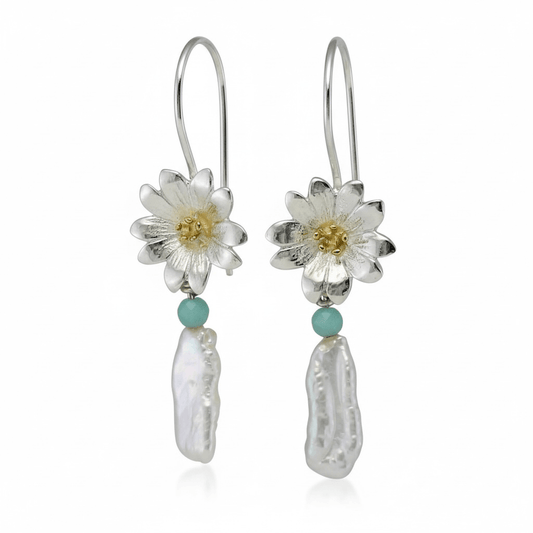 Sterling Silver Daisy & Baroque Pearl Dangle Earrings - Twelve Silver Trees