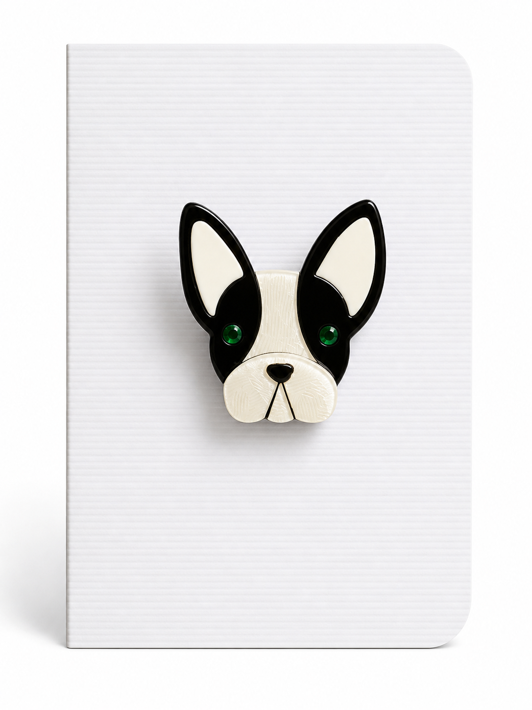 Charming French Bulldog keepsake card featuring a detailed Frenchie dog brooch mounted on a textured greeting card, a thoughtful card and keepsake gift in one.