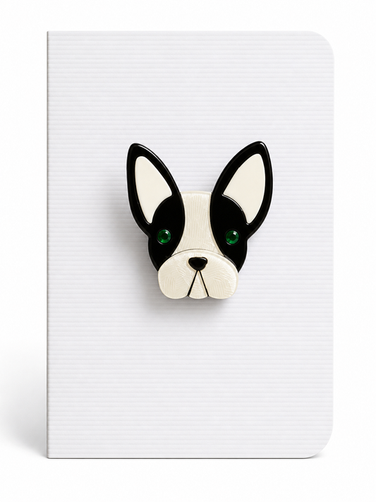 Charming French Bulldog keepsake card featuring a detailed Frenchie dog brooch mounted on a textured greeting card, a thoughtful card and keepsake gift in one.