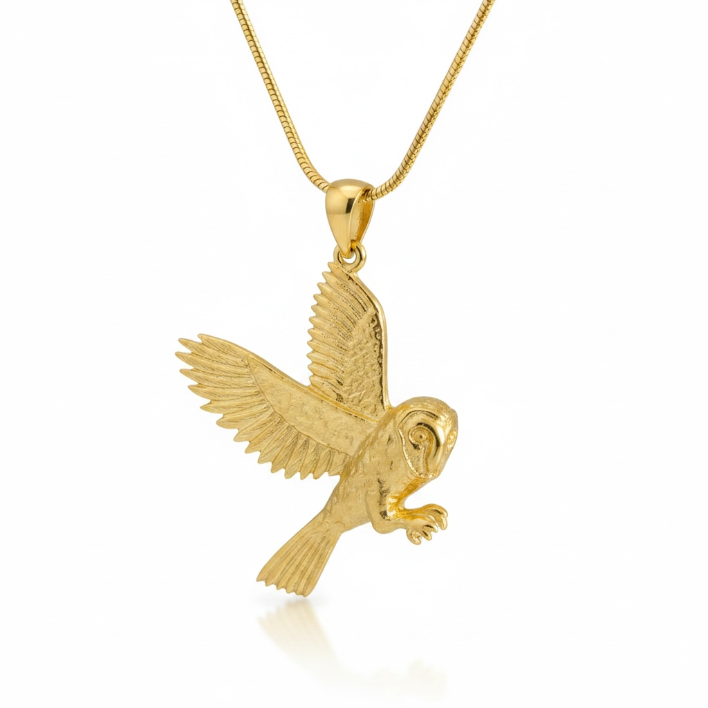 Gold barn owl pendant necklace on an 18 inch snake chain against a white background From the Menagerie collection at Twelve Silver Trees Jewellery 