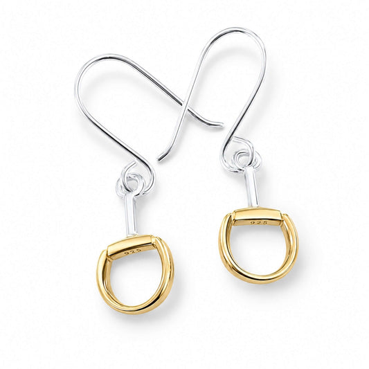 Sterling silver snaffle bit drop earrings with 18ct gold vermeil detail on white background