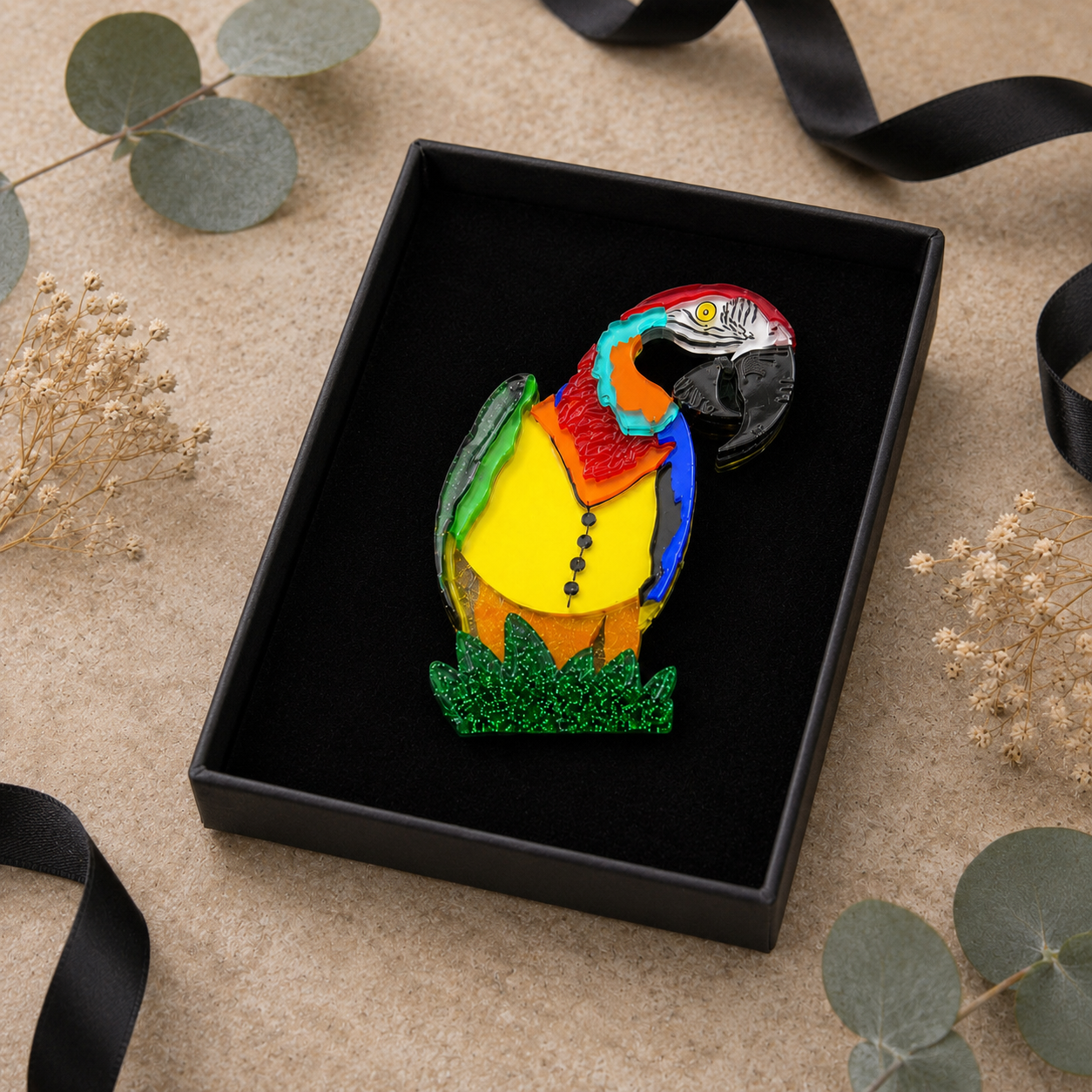 Blue & Gold Macaw Acrylic Art Brooch - Twelve Silver Trees