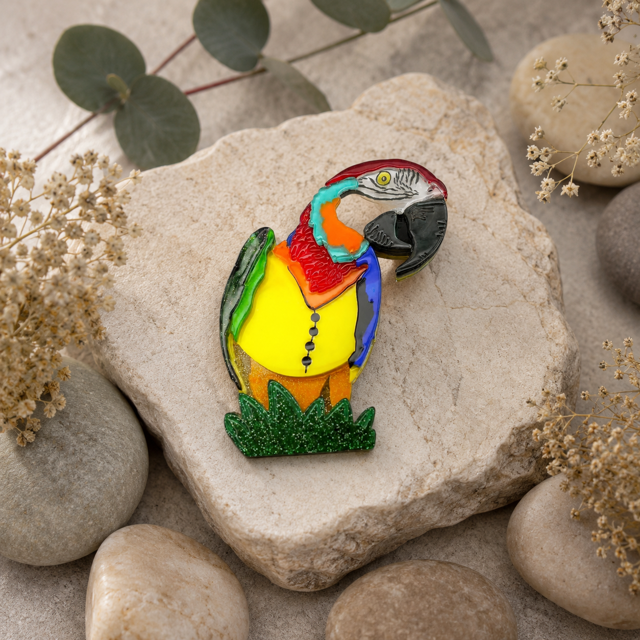Blue & Gold Macaw Acrylic Art Brooch - Twelve Silver Trees