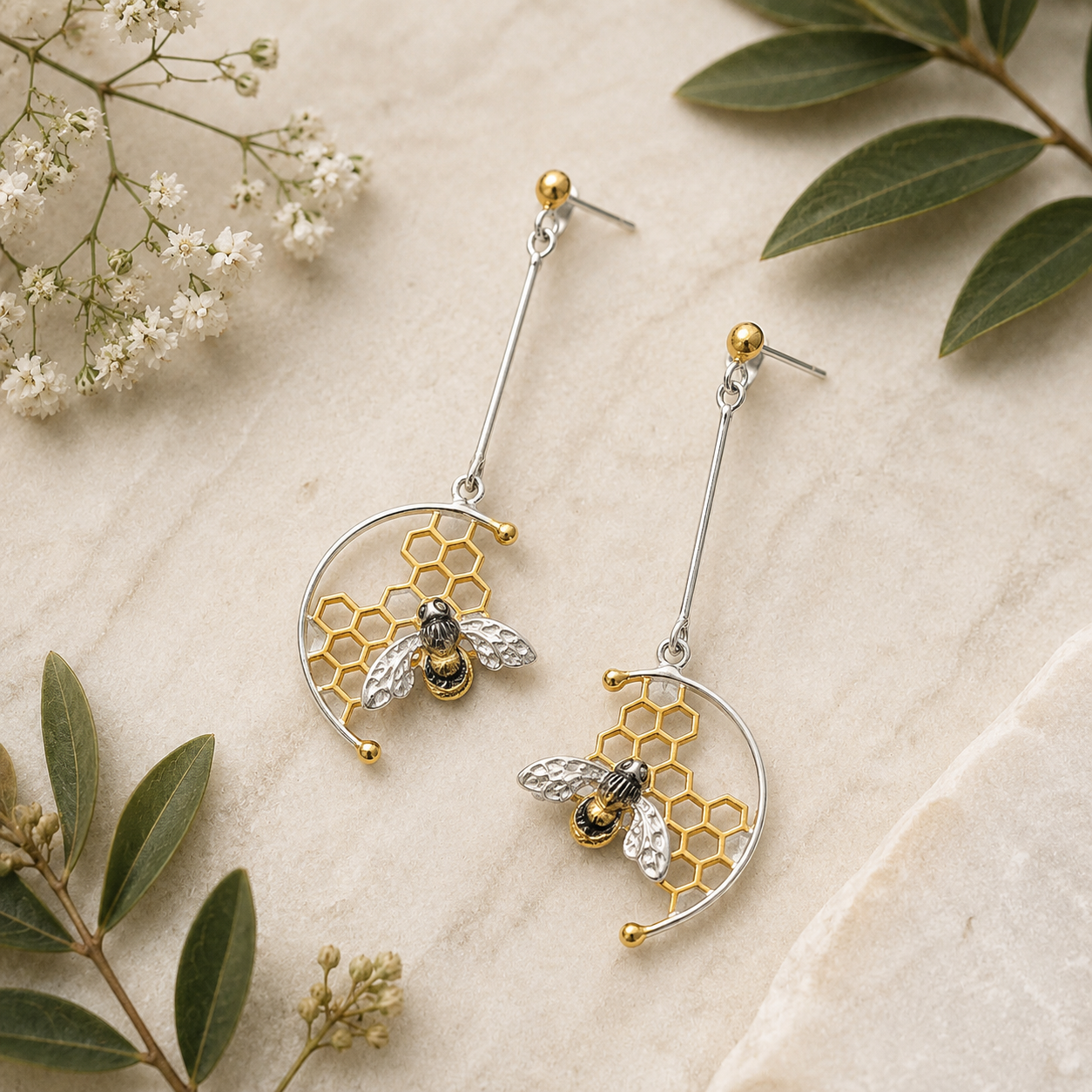 Sterling silver honeycomb and honeybee long drop earrings with gold accents displayed on a natural stone background with botanical foliage.