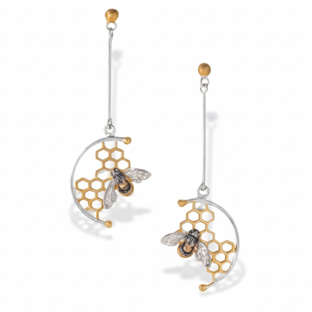 Handmade sterling silver honeycomb and honeybee long drop earrings by Paula Bolton with 22 carat gold accents and post fittings.