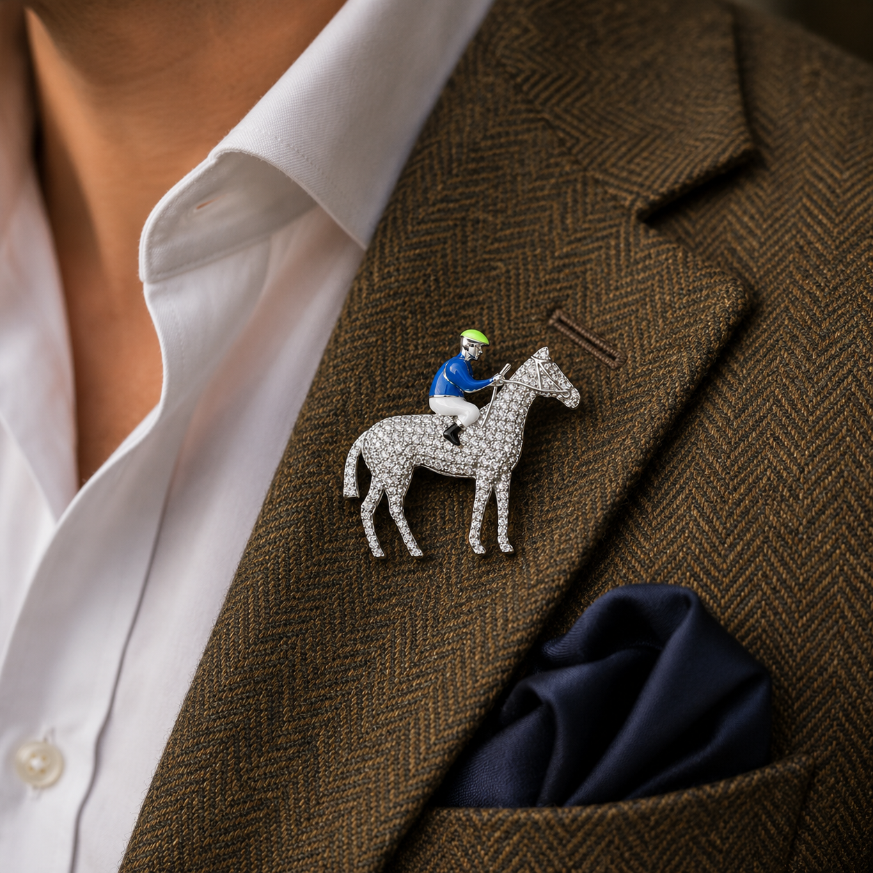 Horse and jockey sterling silver pavé brooch worn on a tailored tweed blazer lapel