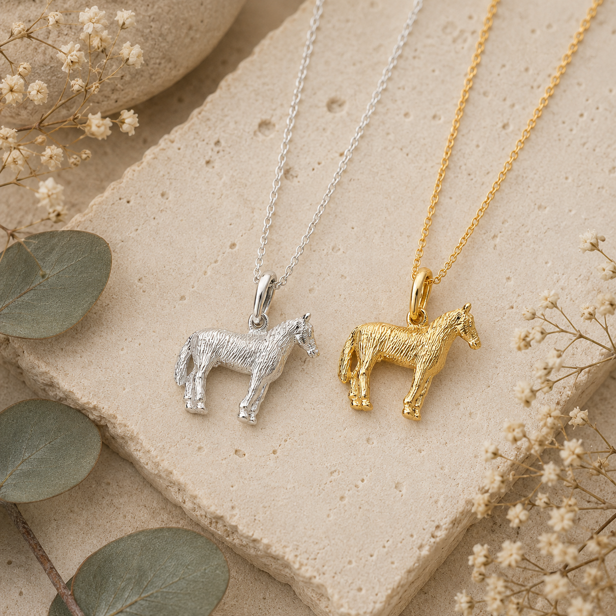 Sterling silver and gold vermeil horse pendant necklaces styled on natural stone with botanical details