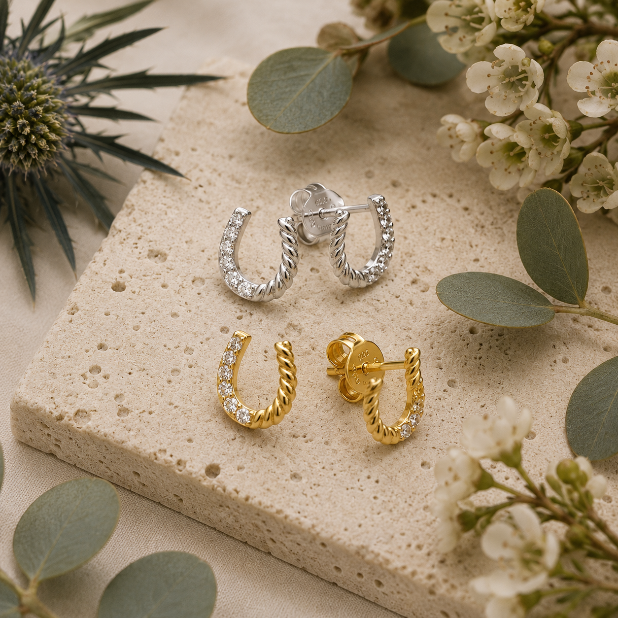 Twisted Horseshoe Stud Earrings in Sterling Silver & Gold Vermeil - Twelve Silver Trees
