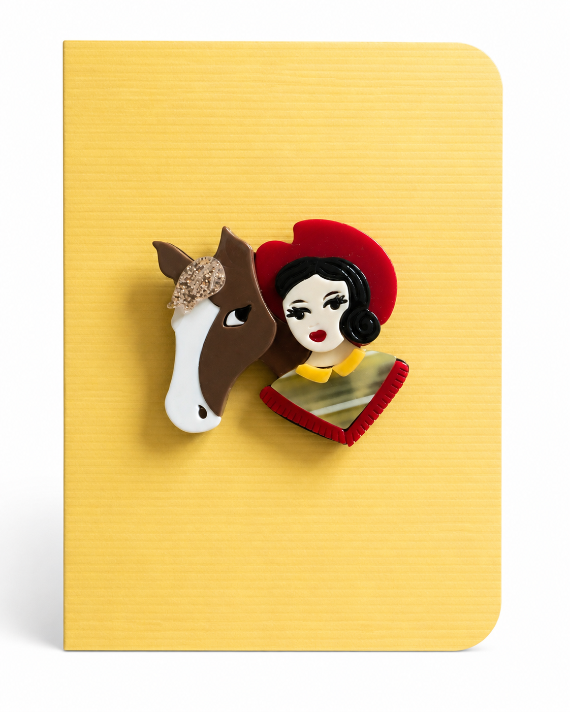 Elegant lady and horse keepsake card featuring a beautifully detailed brooch design mounted on a textured greeting card, perfect as a keepsake gift.
