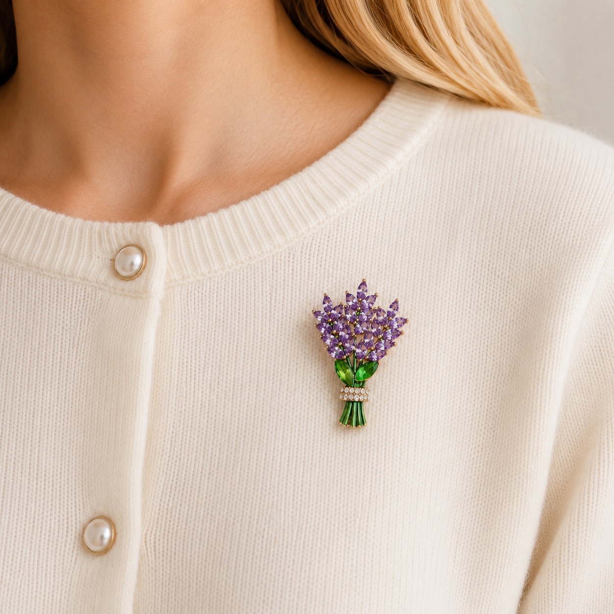 Lavender Bouquet crystal brooch worn on a cream cardigan showing the size and elegant styling of the removable keepsake brooch.