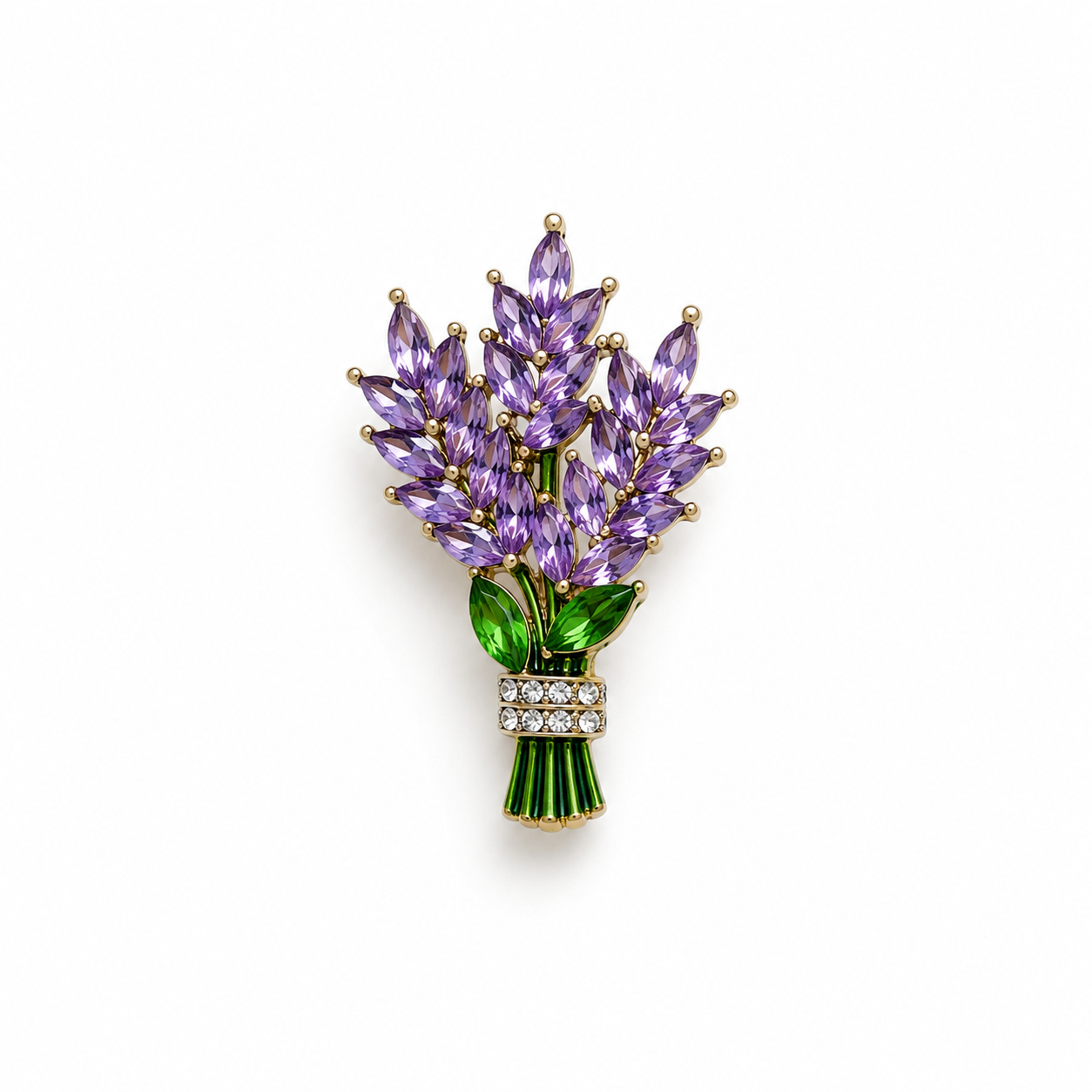 Close-up of the Lavender Bouquet crystal brooch with faceted purple crystals, green enamel leaves and sparkling crystal ribbon detail.