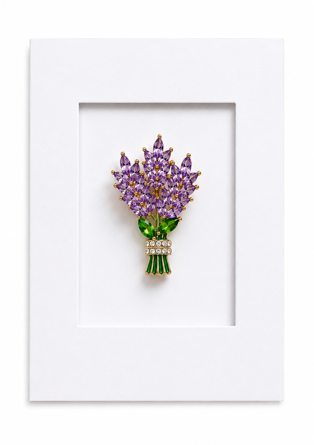Lavender Bouquet keepsake brooch card with removable purple crystal lavender bouquet brooch presented on a white greeting card.