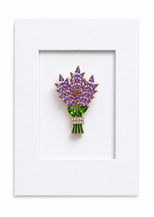 Lavender Bouquet keepsake brooch card with removable purple crystal lavender bouquet brooch presented on a white greeting card.