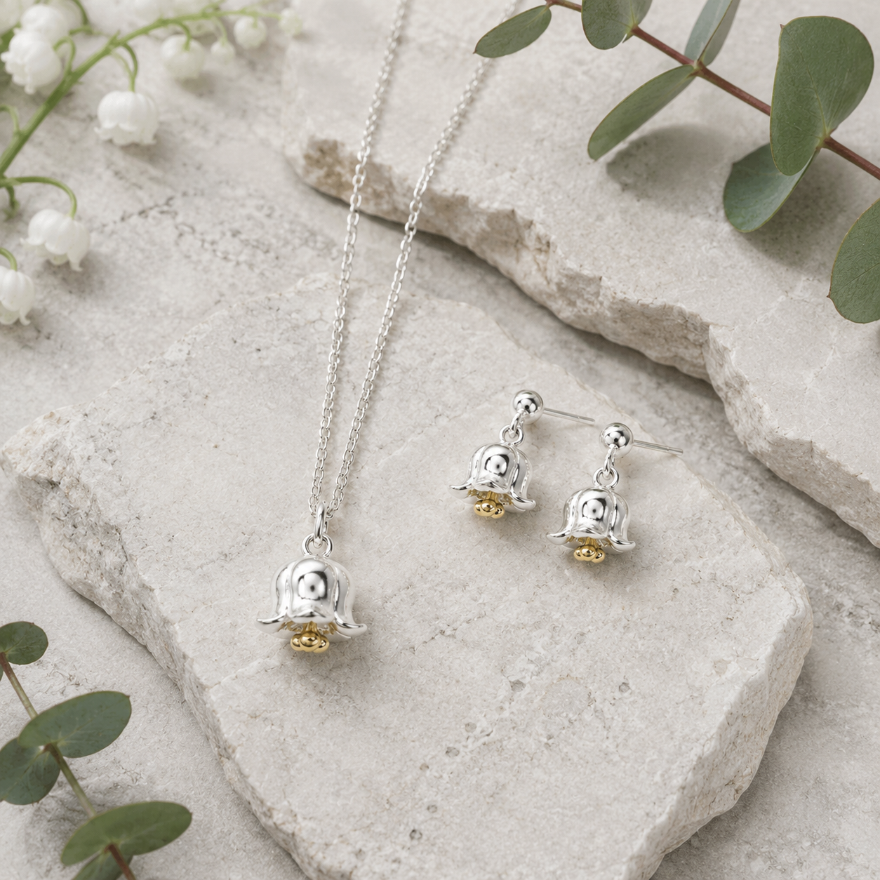 Lily of the Valley Stud Earrings in Sterling Silver & Gold - Twelve Silver Trees