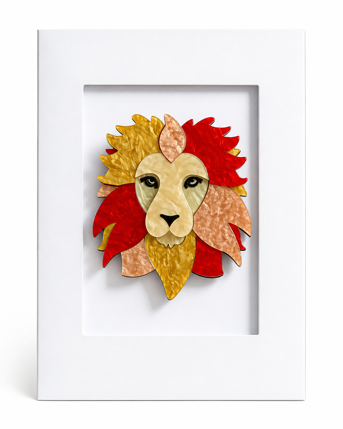 Handmade lion keepsake card featuring a colourful lion brooch mounted within a white presentation card.