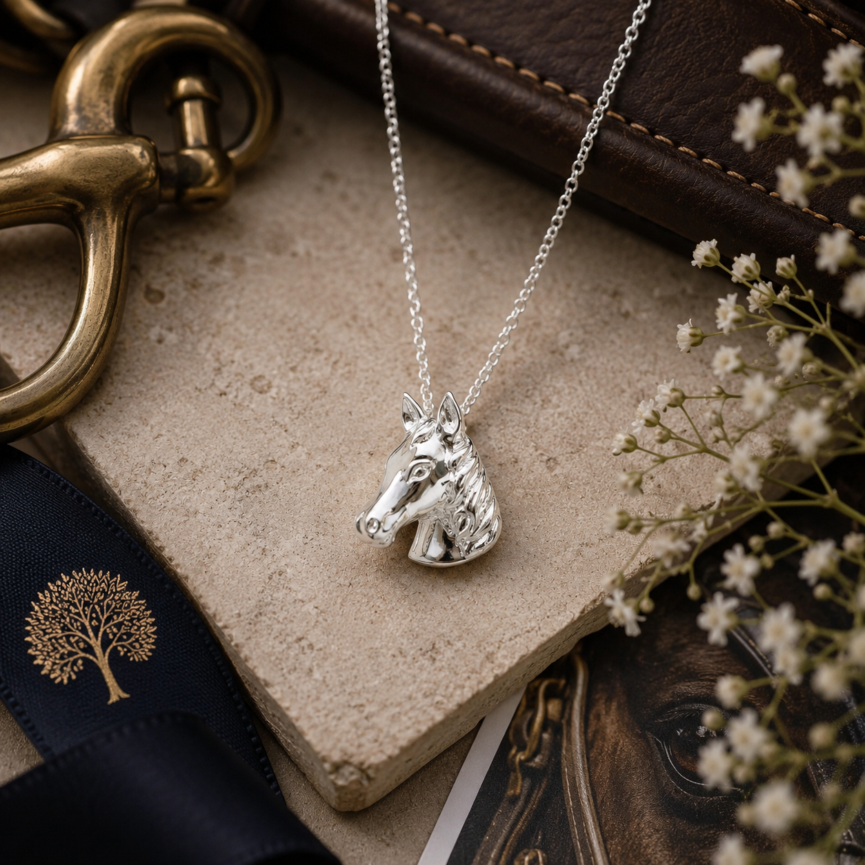 Sterling silver horse head necklace styled with luxury equestrian accessories, leather details and botanical accents