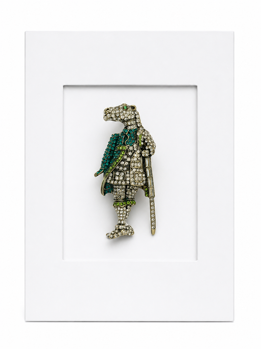 Keepsake brooch card featuring a medieval inspired knight brooch with crystal detailing on a white display card