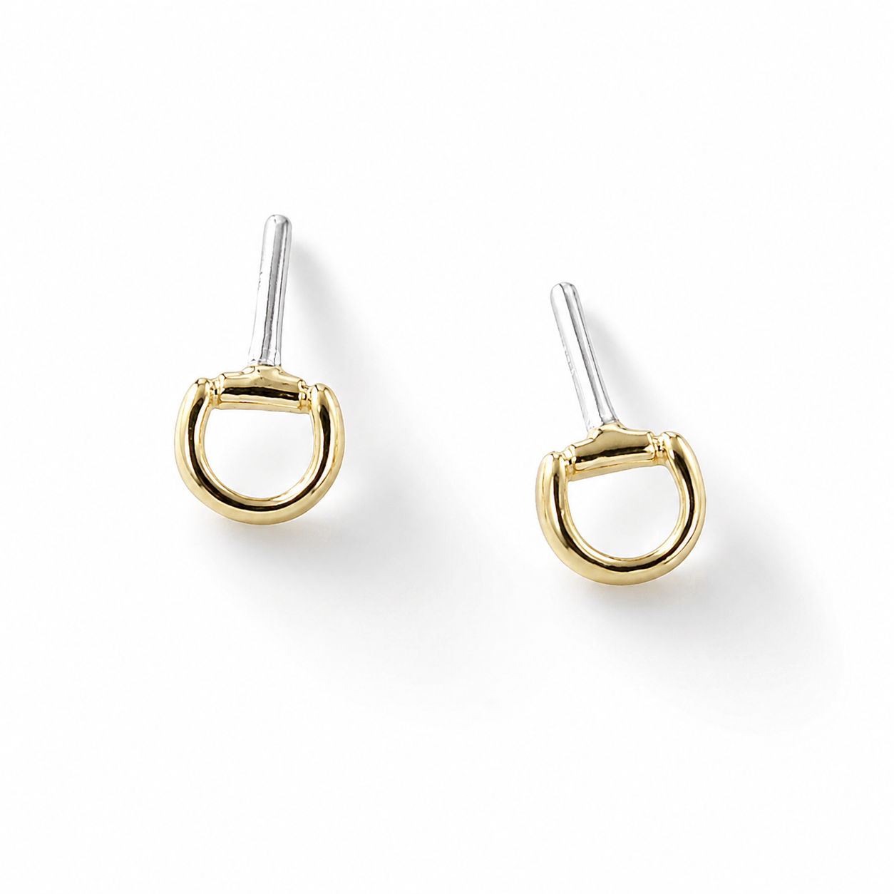Mini gold vermeil snaffle stud earrings in sterling silver with polished equestrian-inspired design on a white background