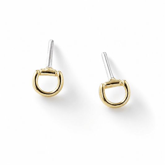 Mini gold vermeil snaffle stud earrings in sterling silver with polished equestrian-inspired design on a white background