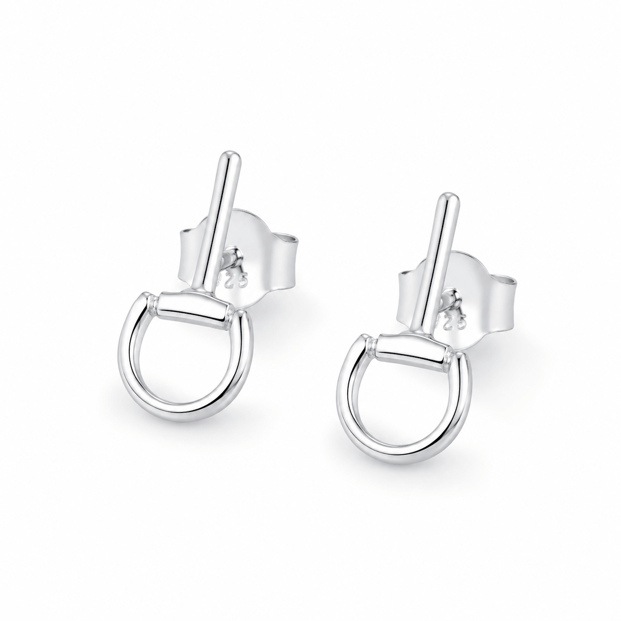 Mini sterling silver snaffle stud earrings with polished equestrian-inspired design on a white background