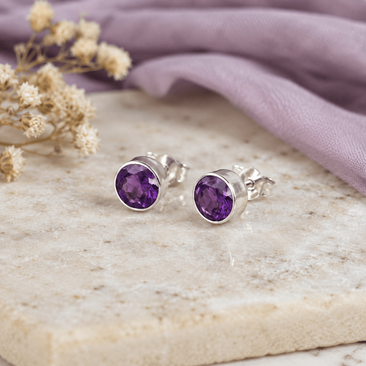 Natural Amethyst Sterling Silver Stud Earrings – 6mm - Twelve Silver Trees
