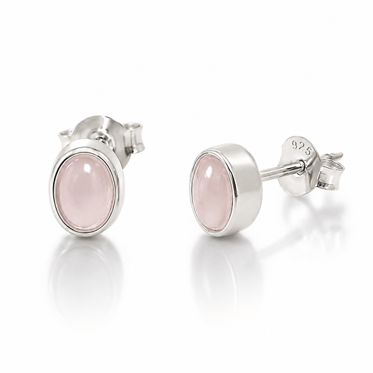 Sunlit Earth Natural Rose Quartz Oval Sterling Silver Stud Earrings - Twelve Silver Trees