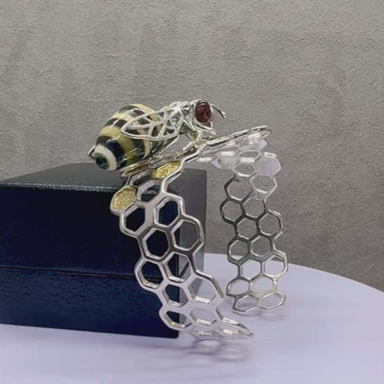 Amber Bee on Honeycomb Open Sterling Silver Cuff Bracelet - Twelve Silver Trees