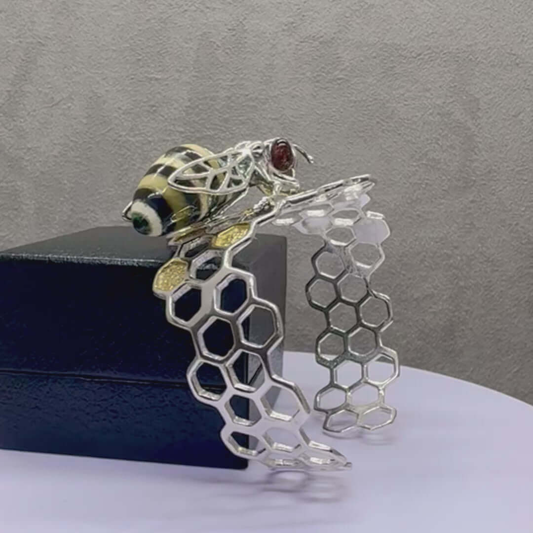 Amber Bee on Honeycomb Open Sterling Silver Cuff Bracelet - Twelve Silver Trees