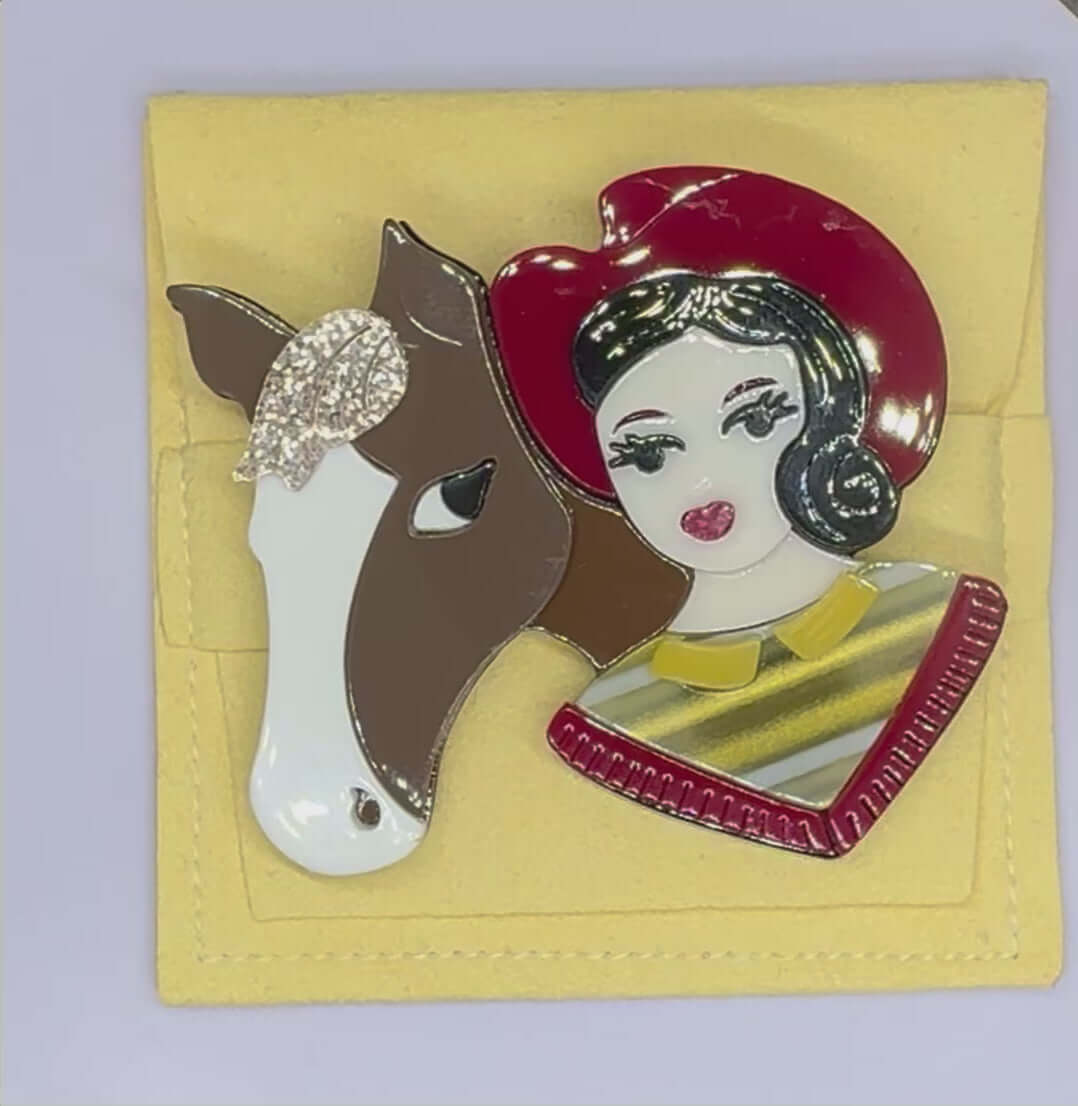 Handmade Acrylic Art Brooch - The Cowgirl and Horse - Twelve Silver Trees