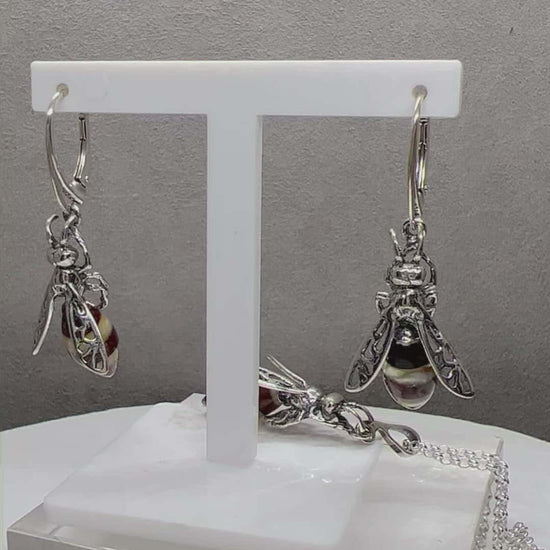 Baltic Amber Medium Bee Sterling Silver Drop Earrings - Twelve Silver Trees