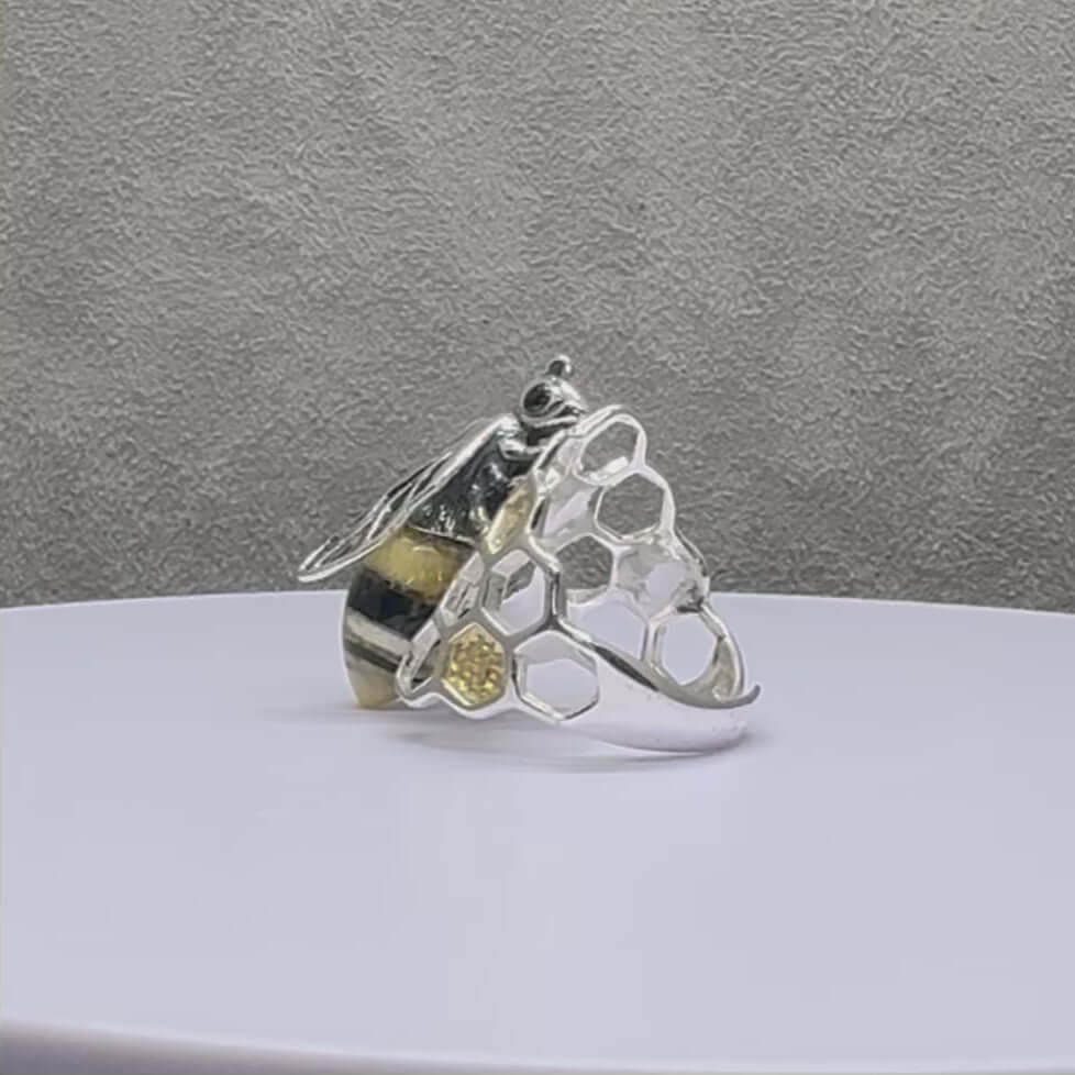 Multi Colour Amber Sterling Silver Bee Adjustable Ring - Twelve Silver Trees