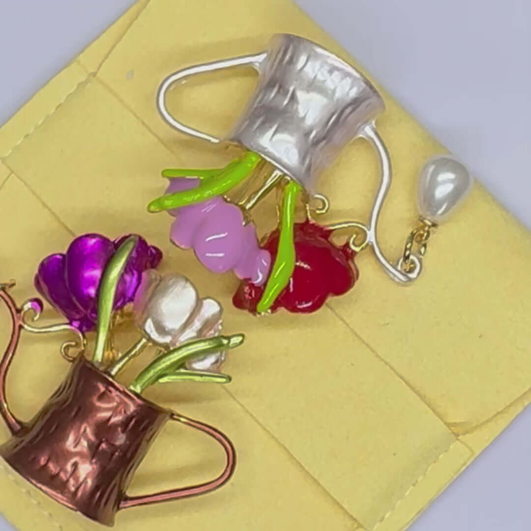 Floral Watering Can Brooch with Enamel Flowers. - Twelve Silver Trees