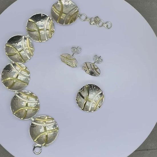 Hammered Sterling Silver Concave Disc Earrings with Linear Brass Details - Twelve Silver Trees