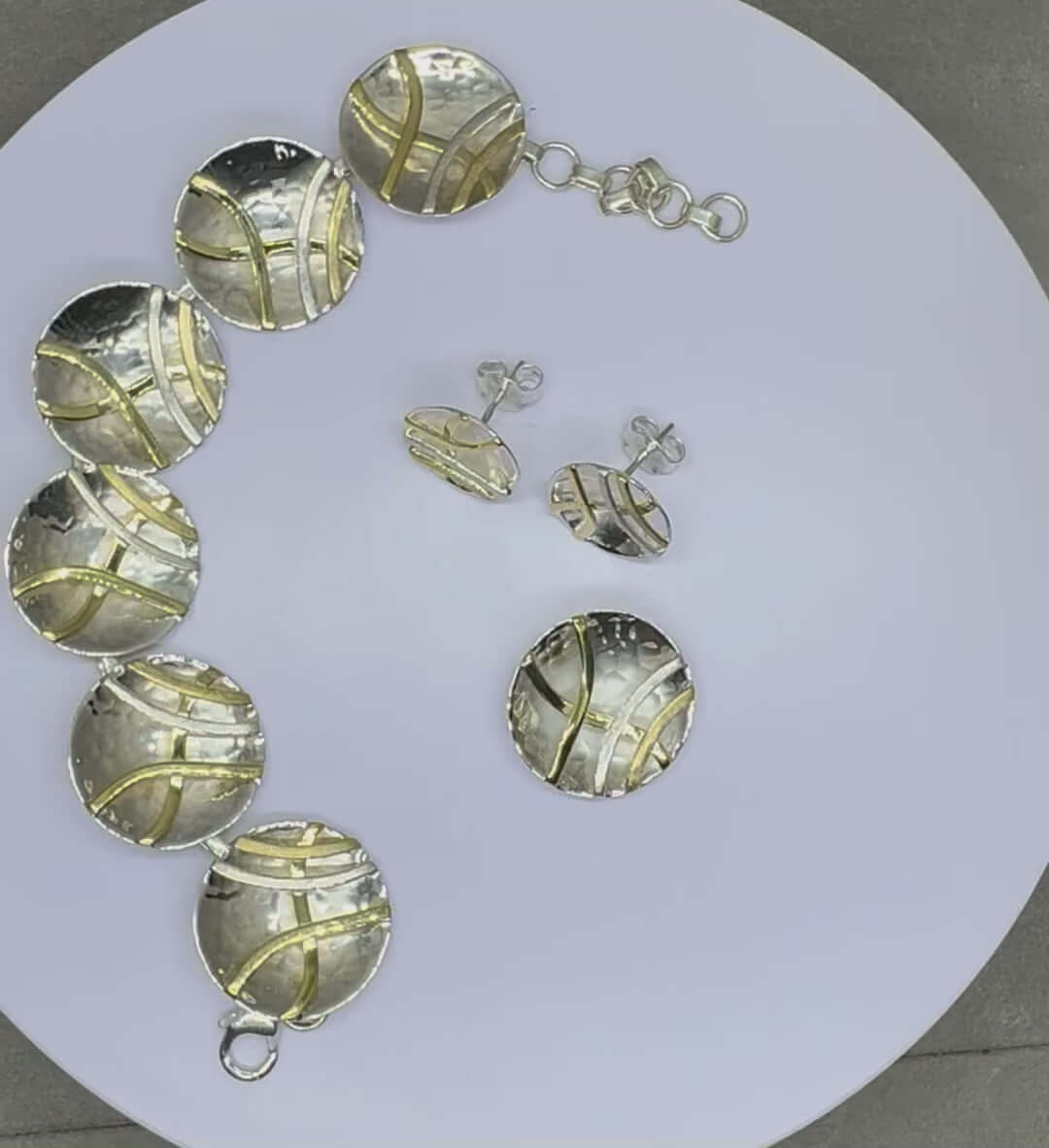 Hammered Sterling Silver Concave Disc Earrings with Linear Brass Details - Twelve Silver Trees