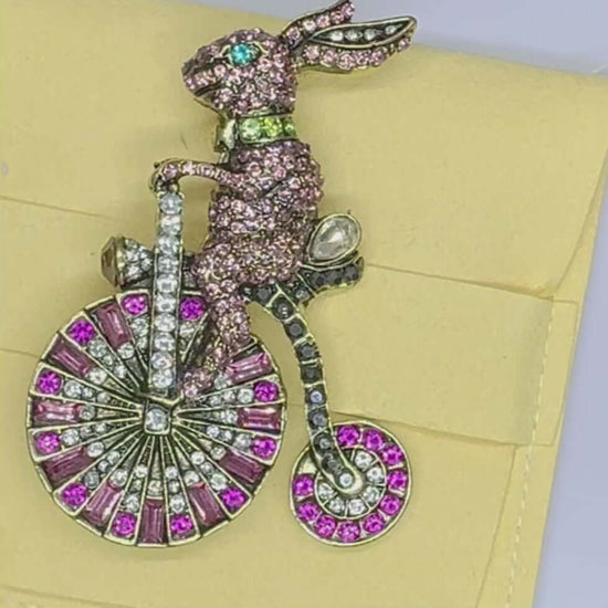 Crystal Embellished Rabbit on Penny Farthing Brooch. - Twelve Silver Trees