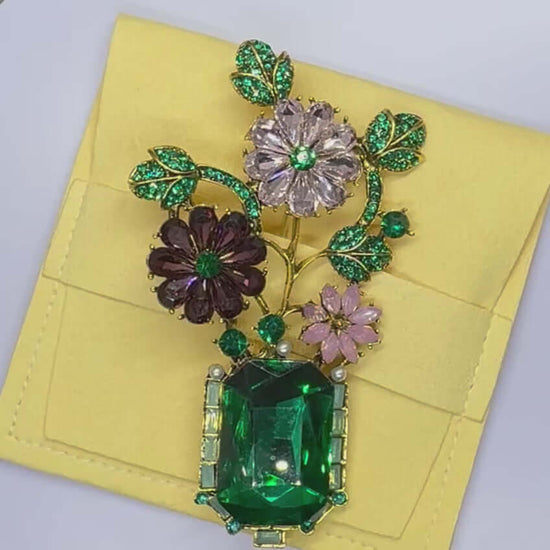 Crystal Flower Vase Statement Brooch - Twelve Silver Trees