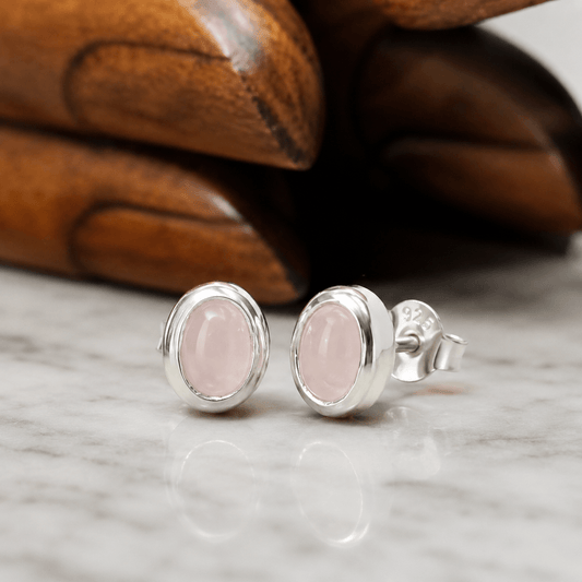 Sunlit Earth Natural Rose Quartz Oval Sterling Silver Stud Earrings - Twelve Silver Trees