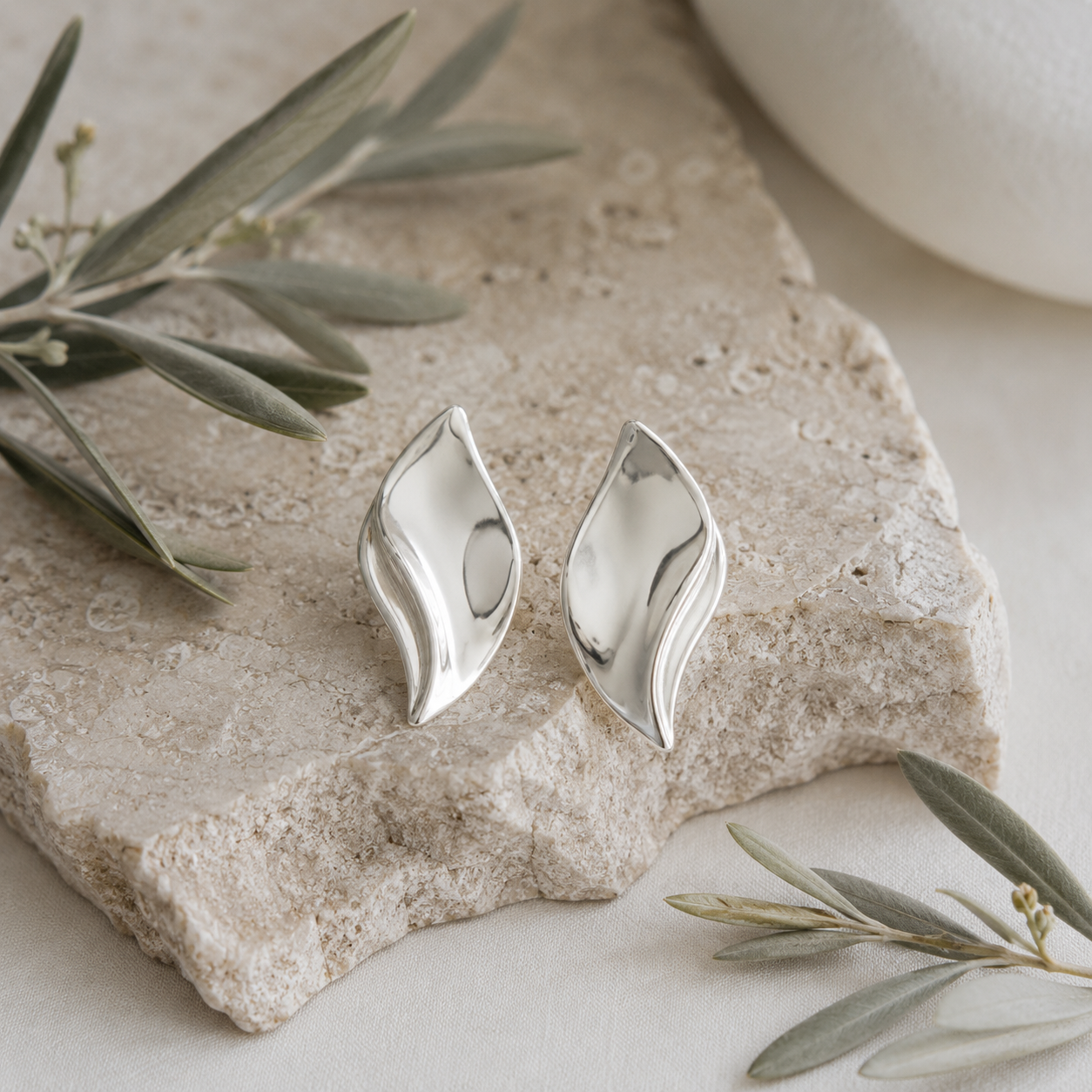 Sculpted Leaf Stud Earrings – Sterling Silver - Twelve Silver Trees