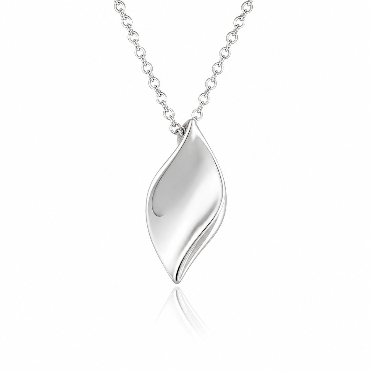 Sculpted leaf sterling silver pendant necklace with polished organic flowing leaf design on a white background